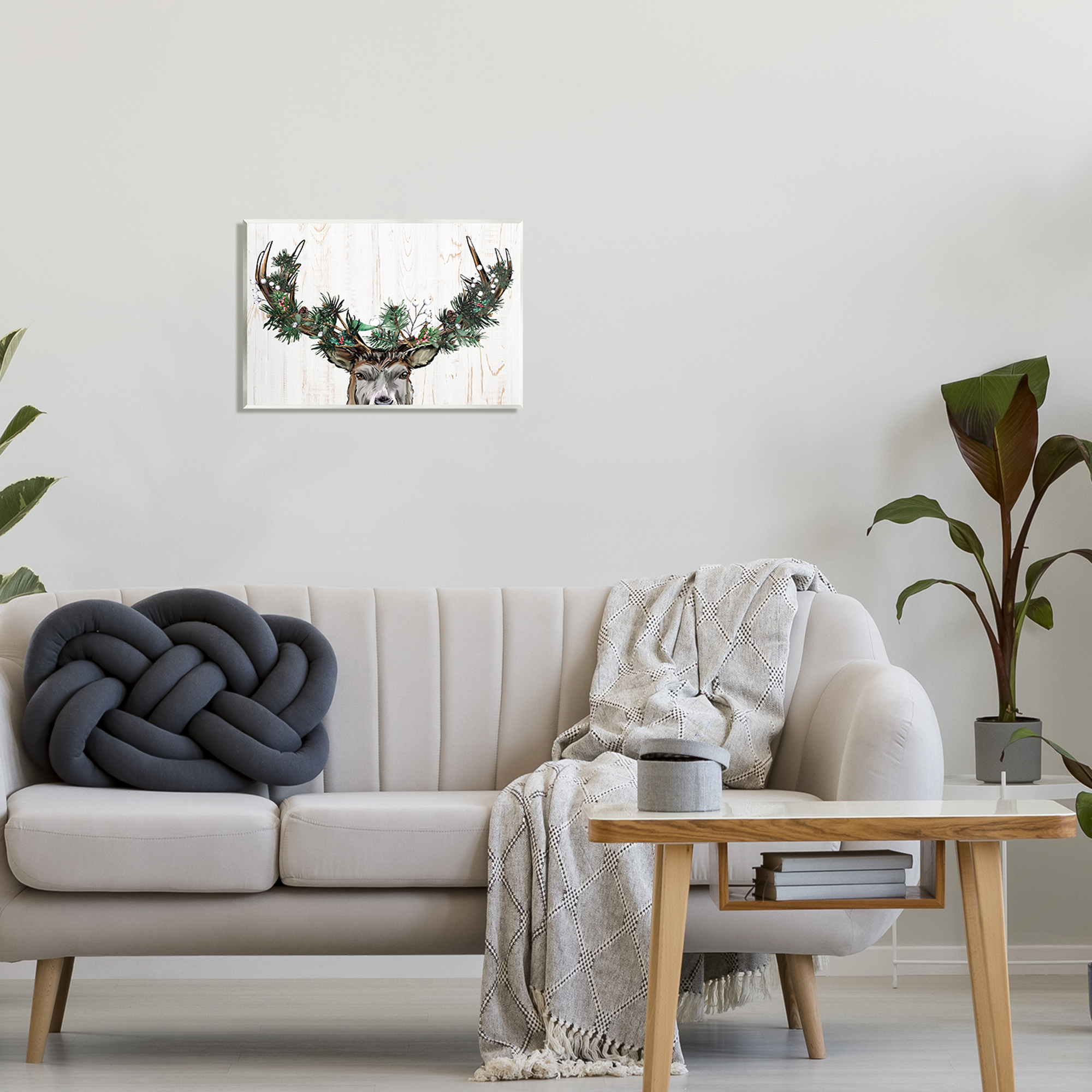 Stupell Industries Pine Garland Deer Antlers Holiday Painting Unframed Art Print Wall Art, 19 x 13