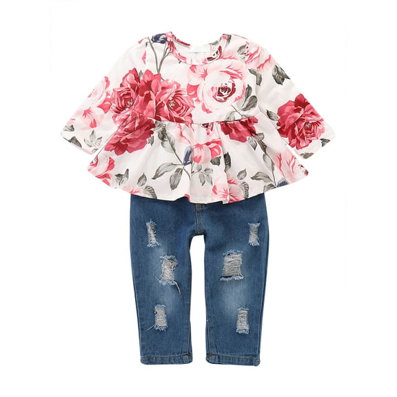 NZRVAWS 3T Toddler Baby Girls Outfits Rose Print Long Sleeve Round Neck Top Ripped Jeans Pants 2PCS Clothes Set 3-4T,Pink
