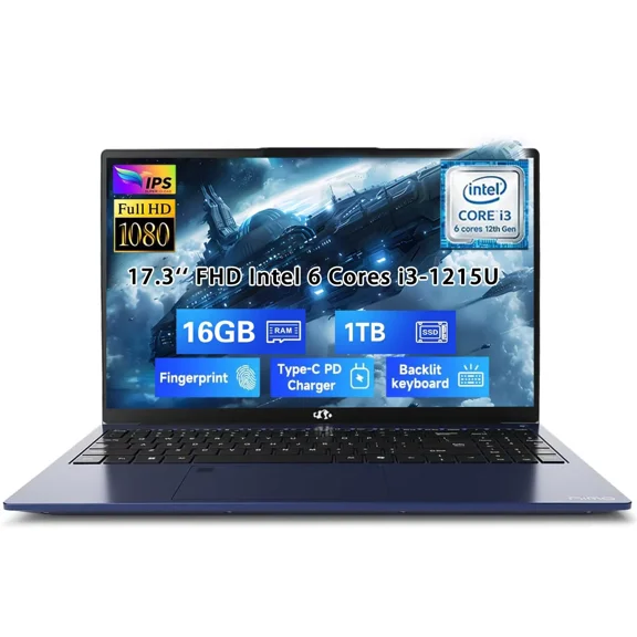 17.3" FHD IPS Laptop, Intel Core i3-1215U 6-Core Processor (Up to 4.4GHz) 16GB RAM 1TB SSD Intel UHD Graphics, 65W GaN Type-C Charger, Backlit Keyboard, Fingerprint, For Home, Student, Business, Blue