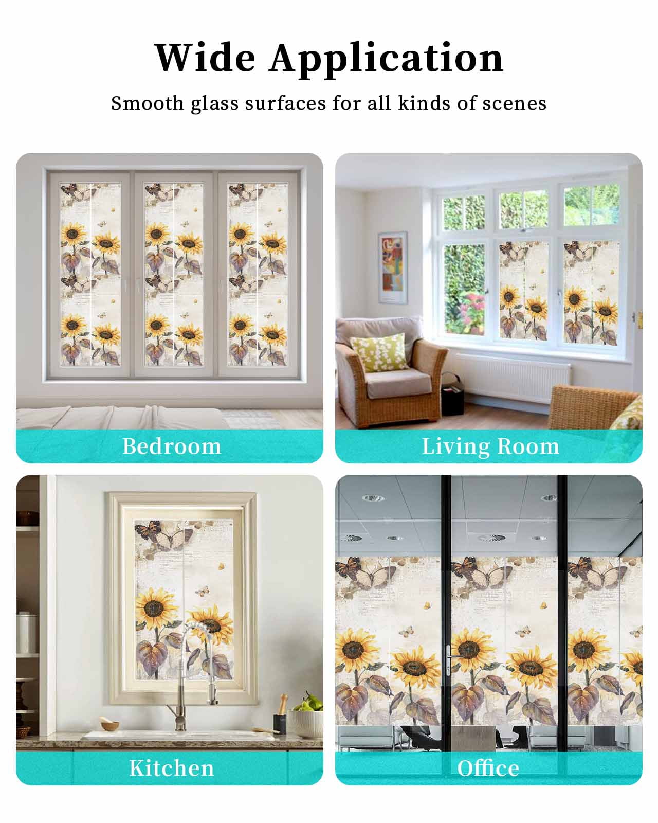 Window Privacy Film Sunflower Stained Glass Window Film Decorative Sun Block Window Cover Farmhouse Plant Retro Butterfly Yellow Floral Window Clings Static Adhesive Sticker for Bathroom 29.5"x78.7"