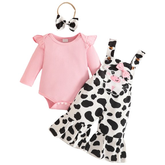 OJSFQUFP Baby Girl Summer Outfit Cartoon Cow Short Sleeve Romper Jumpsuit Headband Set Clothes