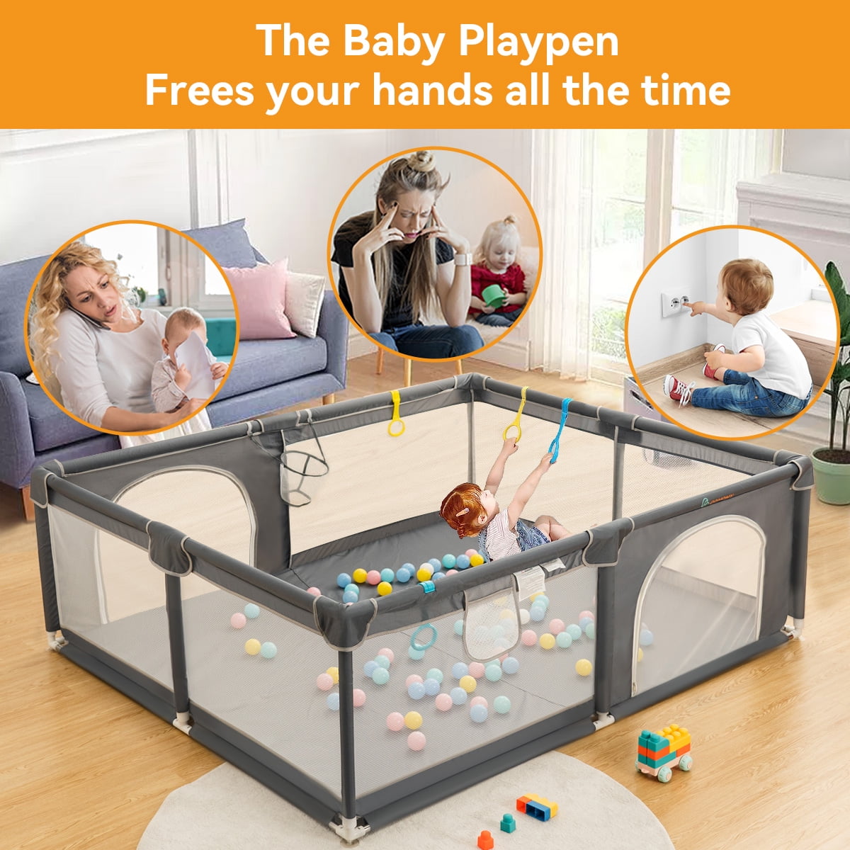 Baby Playpen, 36x36x27inch Portable Soft Mesh Sturdy Pipe Ample Space for  Toddler, Gray