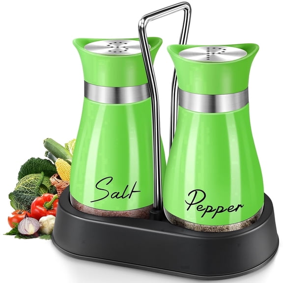 2-Pack Salt and Pepper Shakers, 4 oz Stainless Steel Glass Spice Jars with Base Handle for Kitchen (Green)