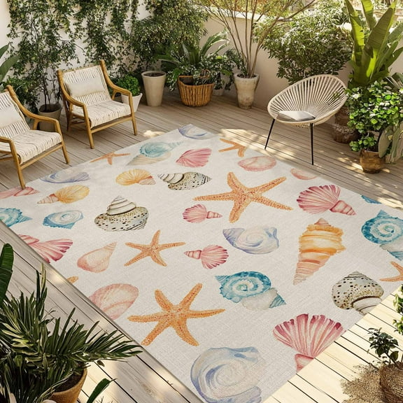 Fsddascl Shell Starfish Coastal Outdoor Rug for Patio/Deck/Porch, Non-Slip Large Area Rug 4 x 6 Ft, Summer Beach Ocean Burlap Indoor Outdoor Rugs Washable Area Rugs, Reversible Camping Rug Carpet