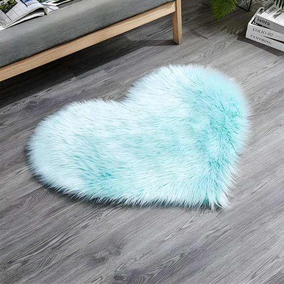Mucky Cat Fluffy Heart Shaped Valentine's Day Area Rug & Door Mat , Machine Washable, Non Slip Carpet Mats for Bedroom, Living Room - Home Decor Rugs,Light Blue,10"X16"