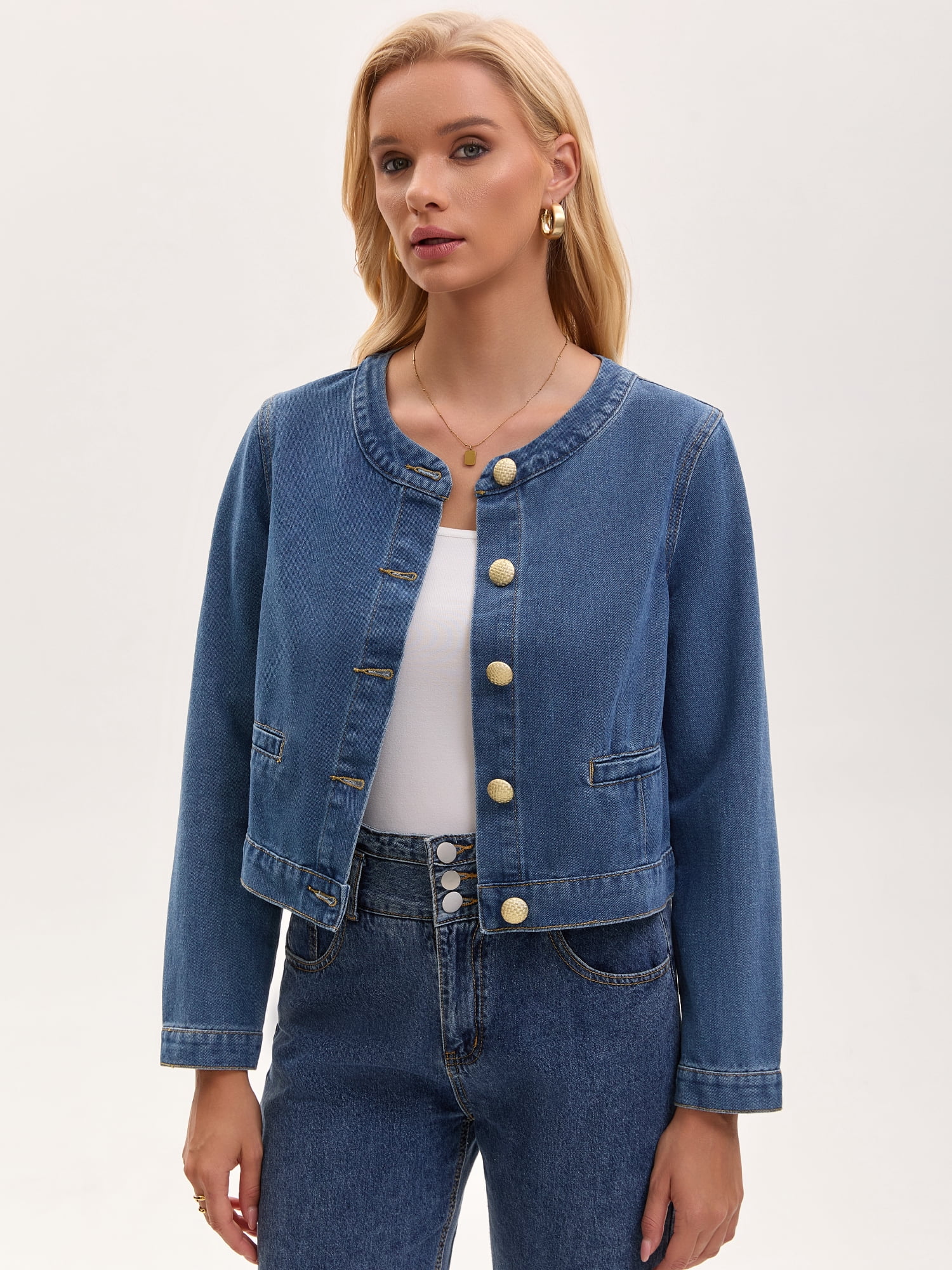DARING DIVA Women's Collarless Long Sleeve Button Down Jean Jacket S Blue