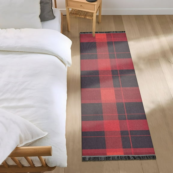 Red-black Plaid Bedside Runner Rug 2'x 6' Non Slip Carpet Floor Mat Area Rug