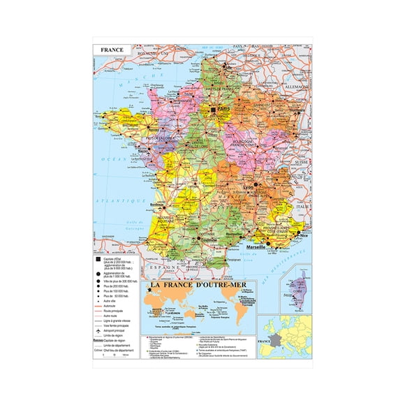 WCIC 100*150cm Carte Administrative Française Série Française Toile de Fond Accessoires Mur Décoration Suspendue à la Maison