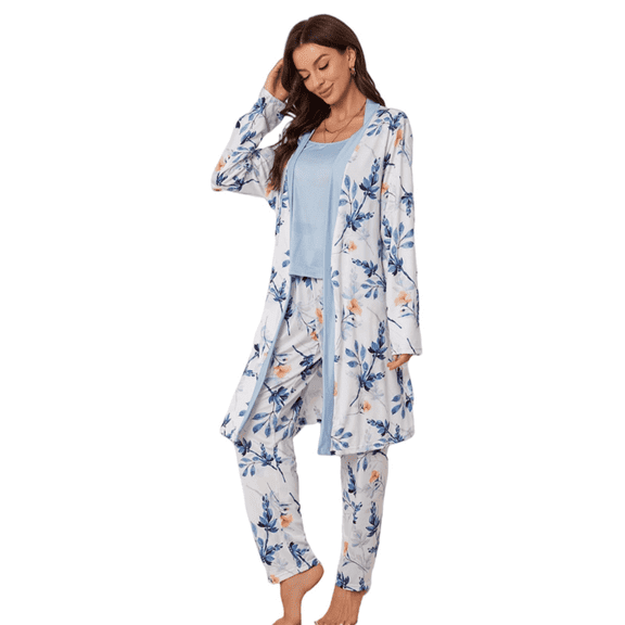 YUBIKWETE Womens 3-Piece Pajama Set Soft Floral Camisole Pants and Robe Sleepwear Loungewear