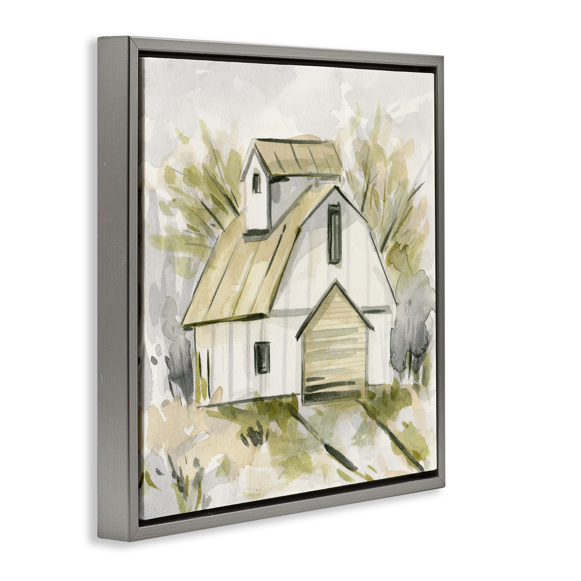 Stupell Industries Soft Neutral Barn Scenery Painting Gray Floater Framed Canvas Art Print Wall Art, 25 x 25