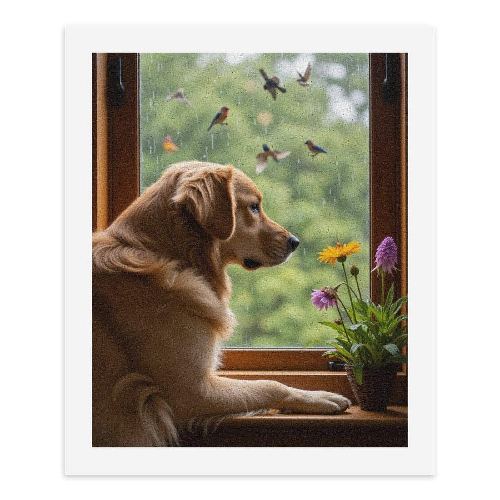 Paint by Numbers Kit for Adults, Golden Retriever Watching Rain Birds Paint by Numbers, Easy Paint by Numbers Kit for Adults Beginner, DIY Adult Paint by Number Kits on Canvas, Home Decor