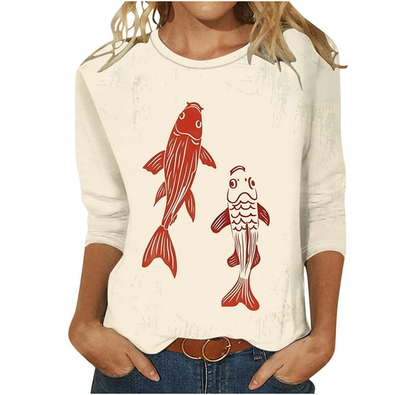 CYMMPU Crewneck Floral Printed 3/4 Length Sleeve Basic Tees Business Work Blouses Summer Fall Fashion Tunic Tops Vintage Shirts 2025 Clothes for Women Multicolor XL