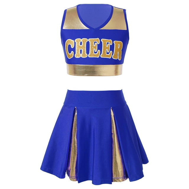 MSemis Kids Girls Cheerleading Dance Set V Neck Letter Print School Cheering Dance Outfits Uniform Blue 8