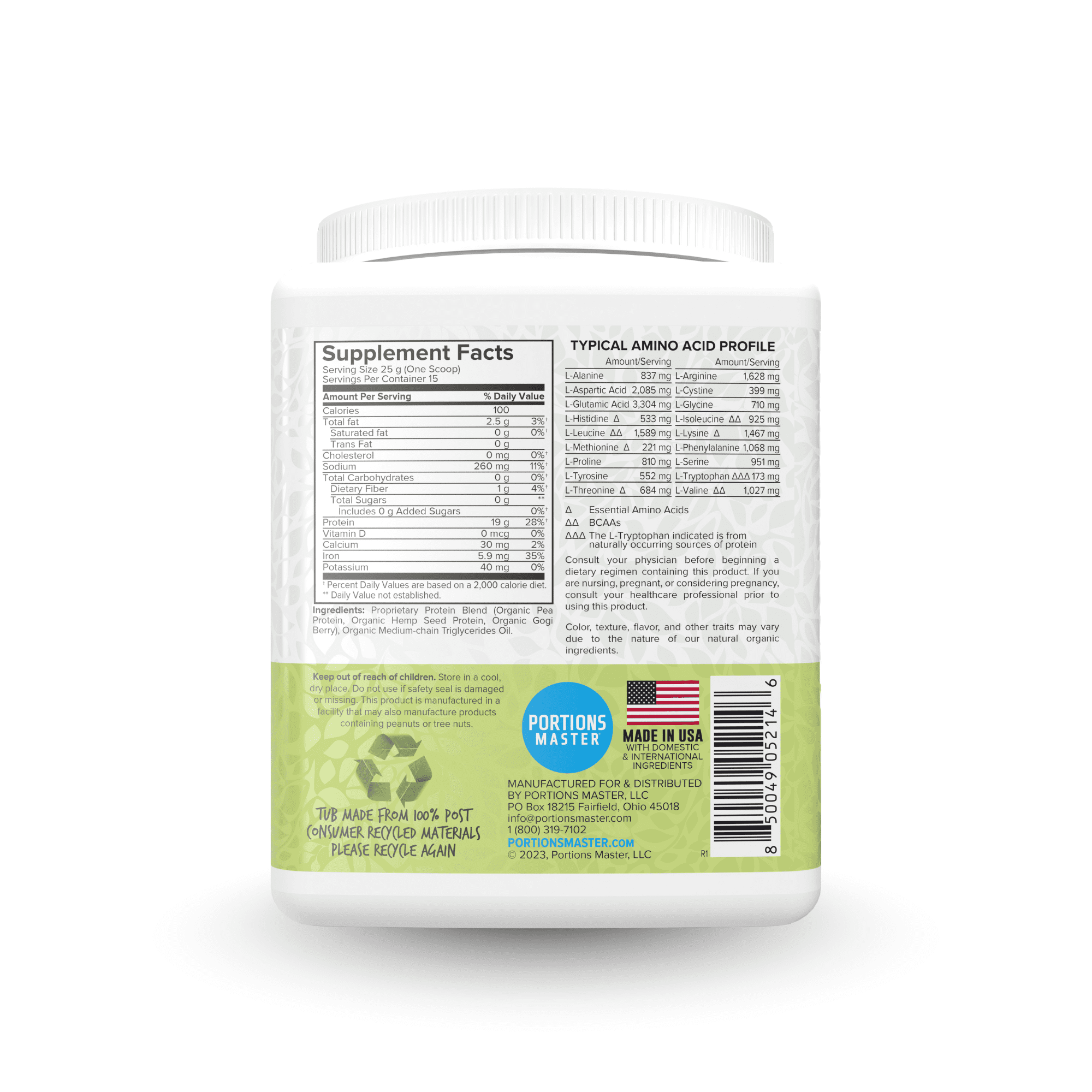 Portions Master Vegan Protein Blend Powder, Plant-Based, Gluten-Free, Dairy-Free (Unflavored 375g)
