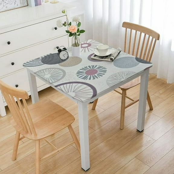 HAOXIT  Table Cover Elastic Edged Abstract Circles Dots Tablecloths Fitted for Square Table Waterproof Wipeable Table Cloth 44''x44''