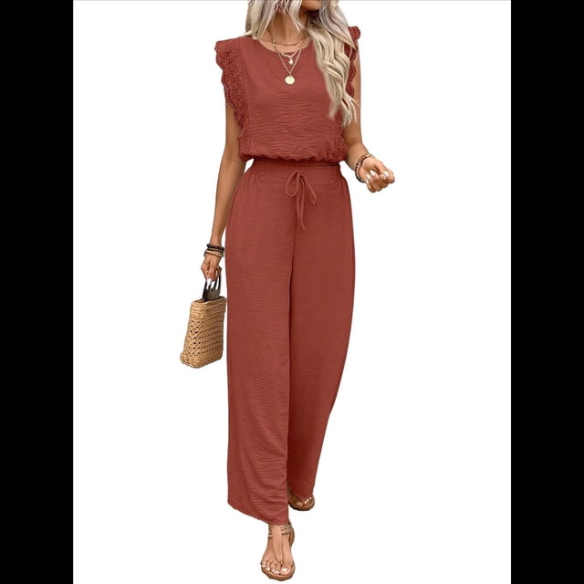 para Mujer, Verano 2025, Mangas con Volantes, Cuello Cuadrado, con Cordón y Bolsillos, Color Naranja, Talla M