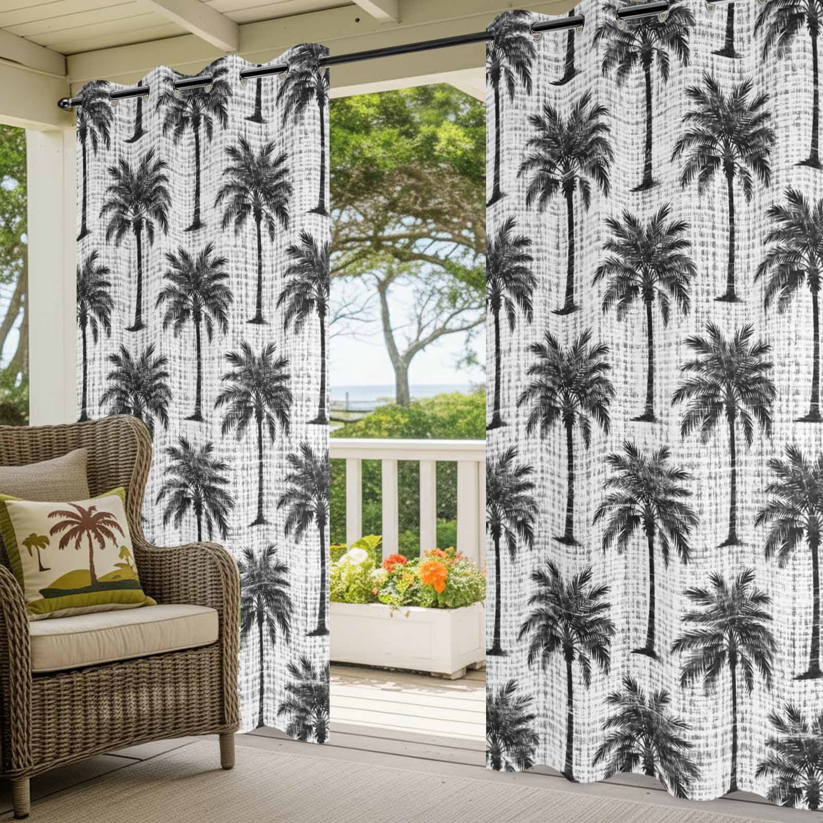 Dark Gray Palm Tree Outdoor Curtains for Patio, Country Linen Texture Tropical Plant Coastal Sunshade Privacy Drapes Grommet Waterproof Outside Curtains for Porch/Cabana/Balcony 54"x 108", 1 Panel