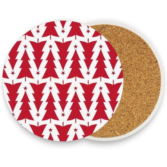 Coasters for Drinks Set of 4 Absorbent Ceramic Coasters with Cork Base, Red Christmas Tree Coffee Coaster Great Gift for Table, Housewarming, Birthday, Kitchen, Home Decor