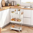 thumbnail image 2 of VECELO 3-Tier Rolling Utility Cart with Lockable Caster Wheels, Extra Hanging Cups and Hooks, Storage Shelves Organizer Cart for Living Room Bathroom Kitchen Office, White, 2 of 10