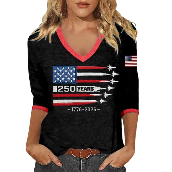 Angala Womens Tees Fourth of July Short Sleeve V-Neck Graphic Print Summer Breathable Comfortable Celebration Womens Patriotic Tops Size L Black