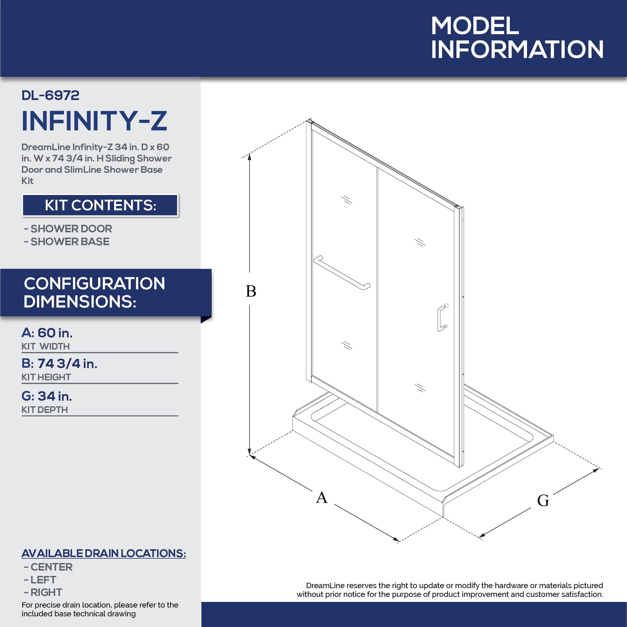 DreamLine Infinity-Z 34 in. D x 60 in. W x 74 3/4 in. H Clear