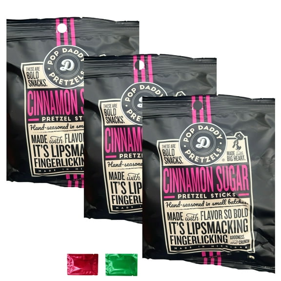 Pop Daddy Cinnamon Sugar Pretzel Sticks 3 Oz 3 Packs, Guilt Free Seasoned Snack Pretzels, Healthy Gourmet On the Go Snacking Lunchboxes Movie Nights Party Treat w/ 2 Snoep in Beperkte Oplage