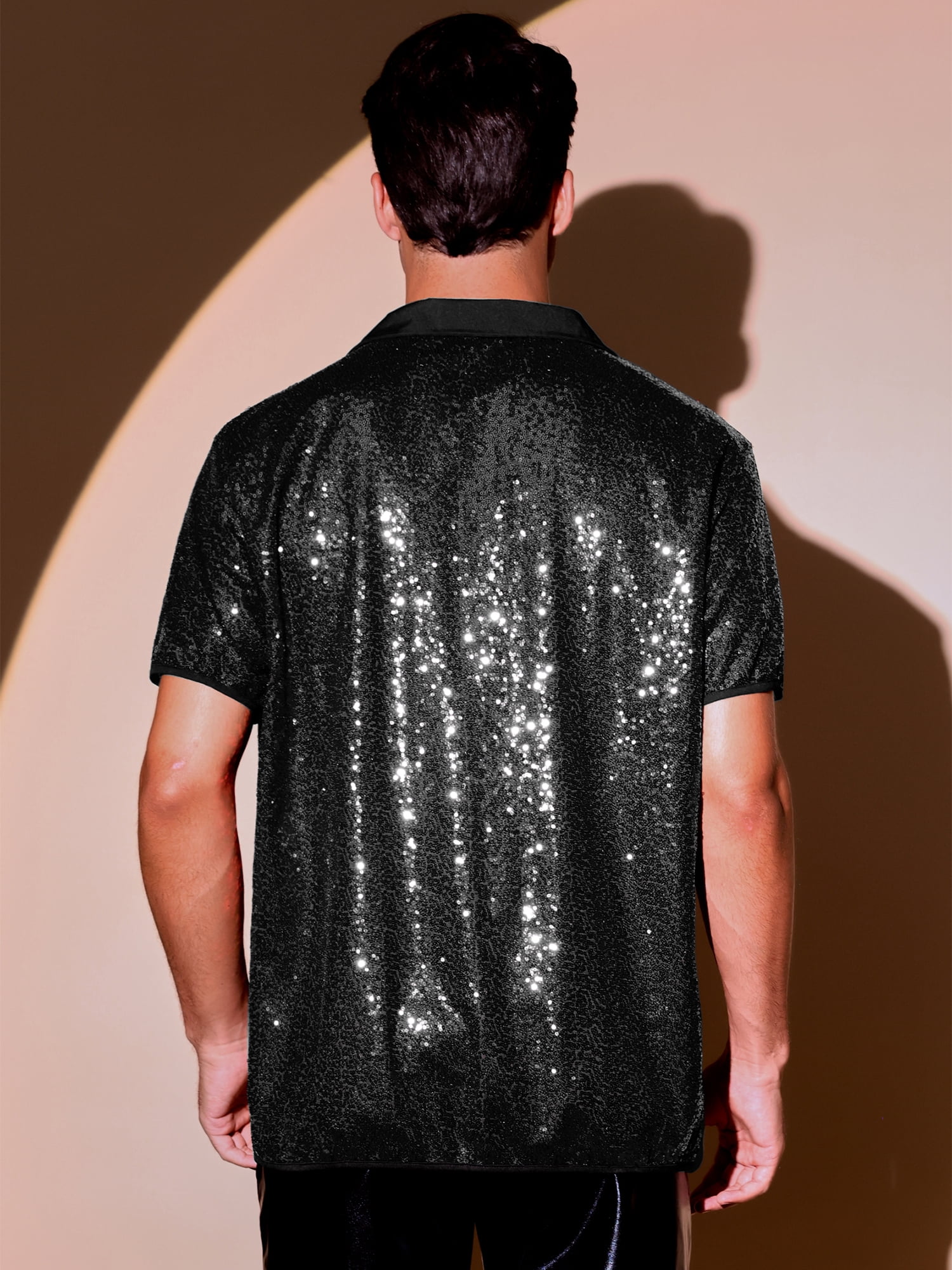 DARING DIVA Men's Sequins Camp Collar Short Sleeve Button Down Shiny Shirt 2XL Black