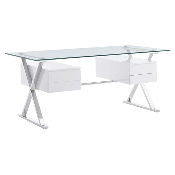 Computer Work Desk, White, Glass, Home Office Business, Modern Contemporary HB34561