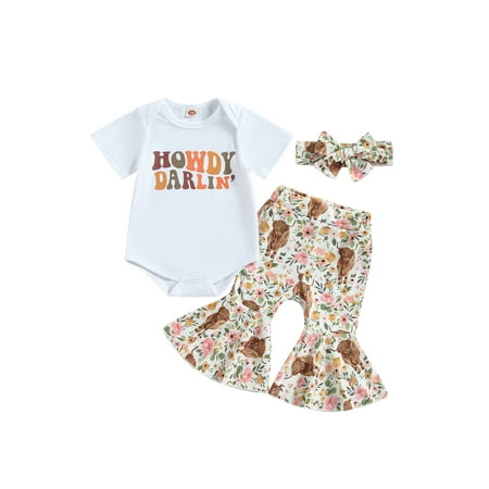 

Sunisery Baby Girls Summer 3PCS Outfit Sets Letter Romper + Floral Cattle Head Print Flared Pants + Headband White 12-18 Months