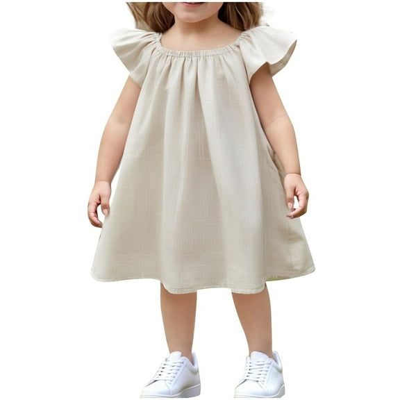 Ashirexll Little Girl Dresses, Girls Summer Dress, 1-8Y Kids' Solid Color Ruffle Sleeve Round Neck Dress Summer Casual Loose Dress