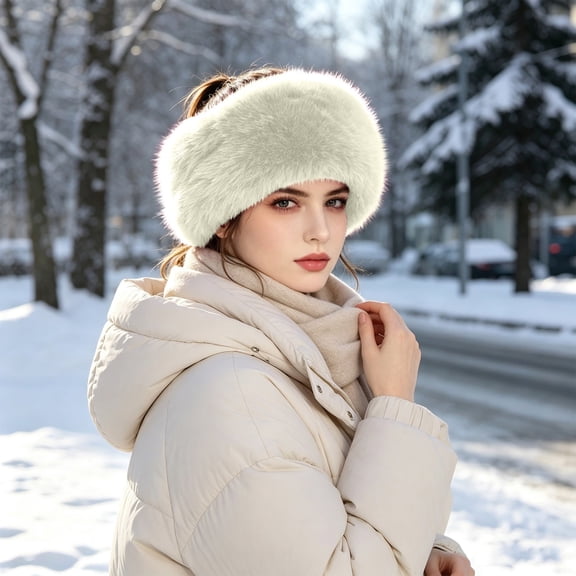 Karymi Faux Fox Fur Open Top Hats for Women, Fluffy Wide Winter Headband Warm Ear Warmer