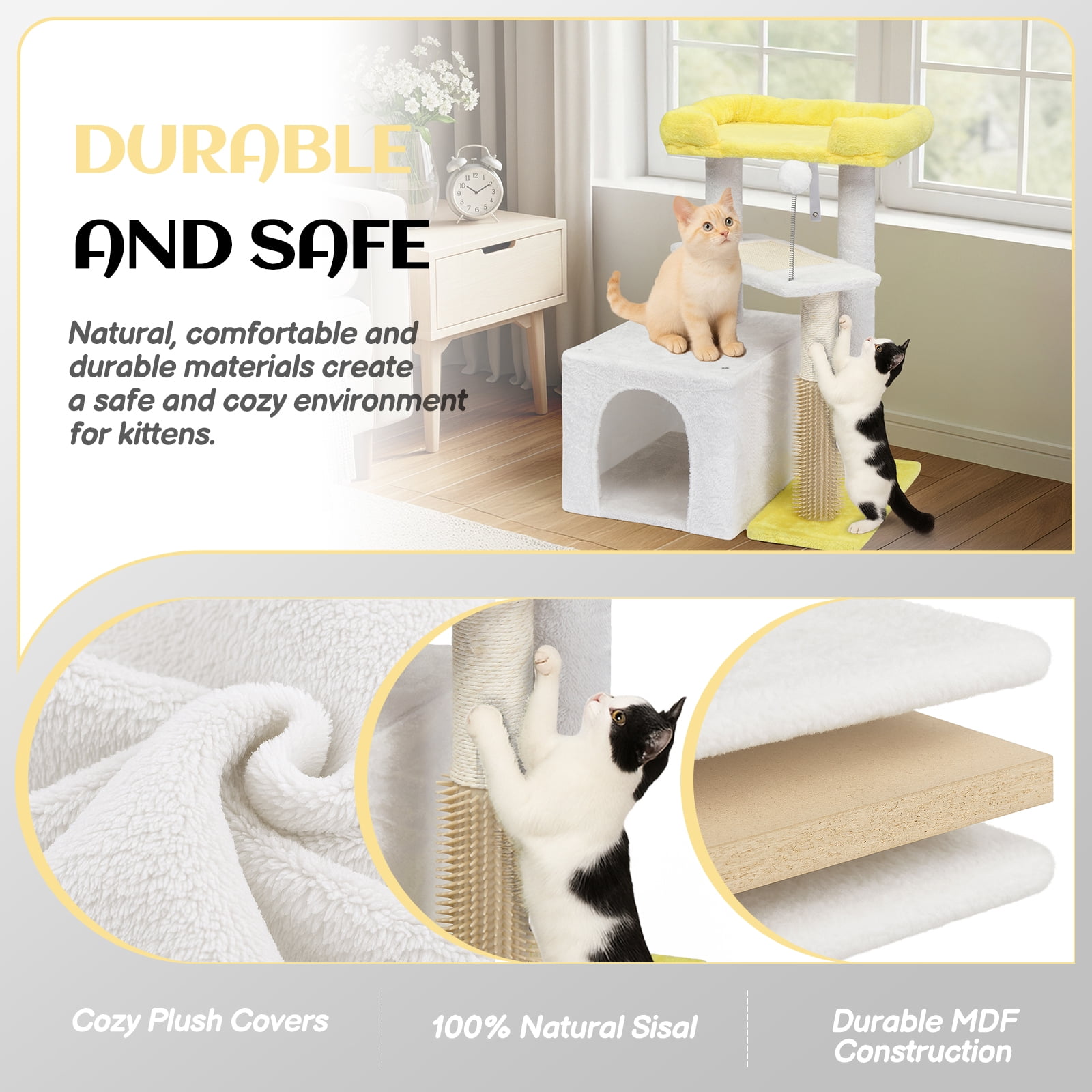 Ktaxon 27.5in Cat Tree, Multi-Level Tower with Scratching Post & Pad, Padded Bed for Kittens & Indoor Cats, White & Yellow