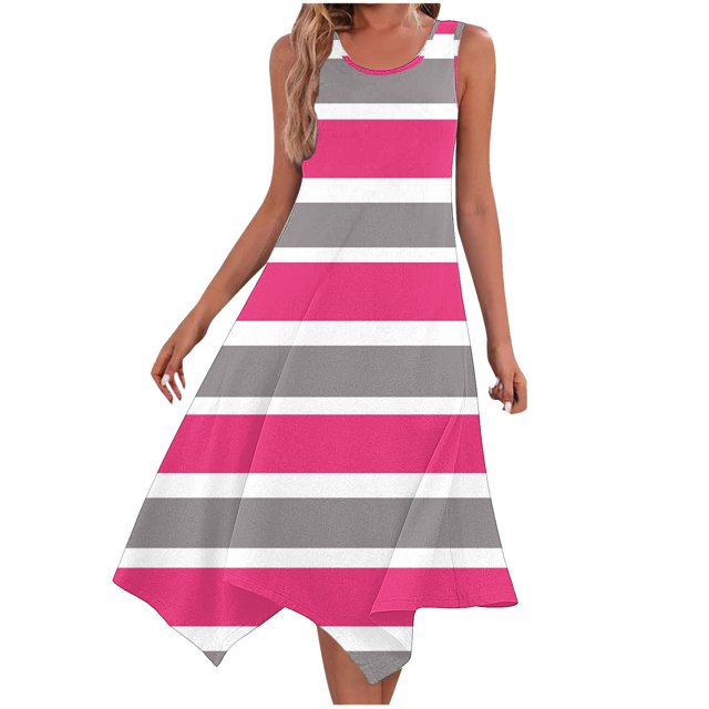 Ladies Summer Tops Impreso sin Mangas Cuello Redondo Vestido Casual para el Uso Diario Y Casual