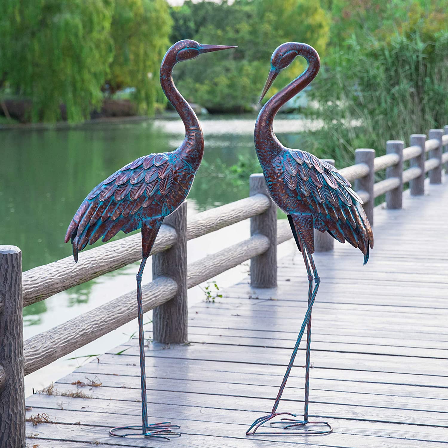 Kircust Garden Crane Statues Patina, Metal Garden Sculptures Birds
