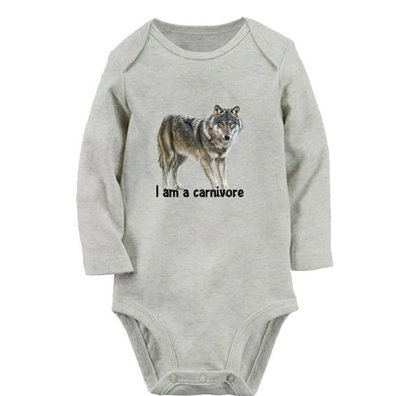 I Am A Carnivore Funny Rompers, Newborn Baby Unisex Bodysuits, Infant Animal Wolf Pattern Jumpsuits, Toddler 0-12 Months Kids Long Sleeves Oufits (Gray, 0-6 Months)
