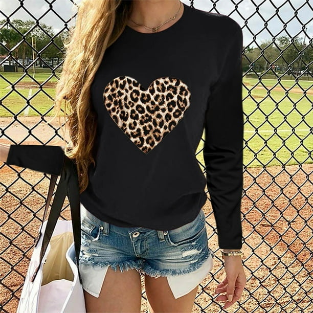 Pntutb Mujeres Día de San Valentín Casual Manga larga O Cuello Estampado de leopardo Top en forma de corazón Pntutb Pntutb-6549