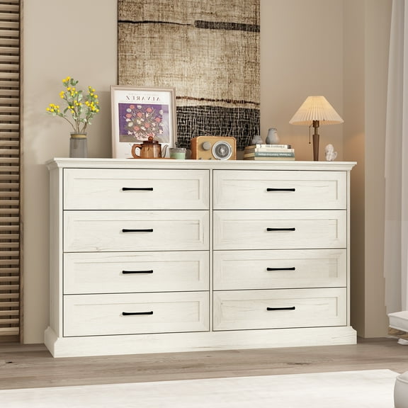 KULAGAGA Chest of Drawers 8 Drawer Dresser, Farmhouse Dresser with Wood Grain Surface & Black Handles, for Bedroom Living Room Ivory 15.7”D x 54.4”W x 33”H