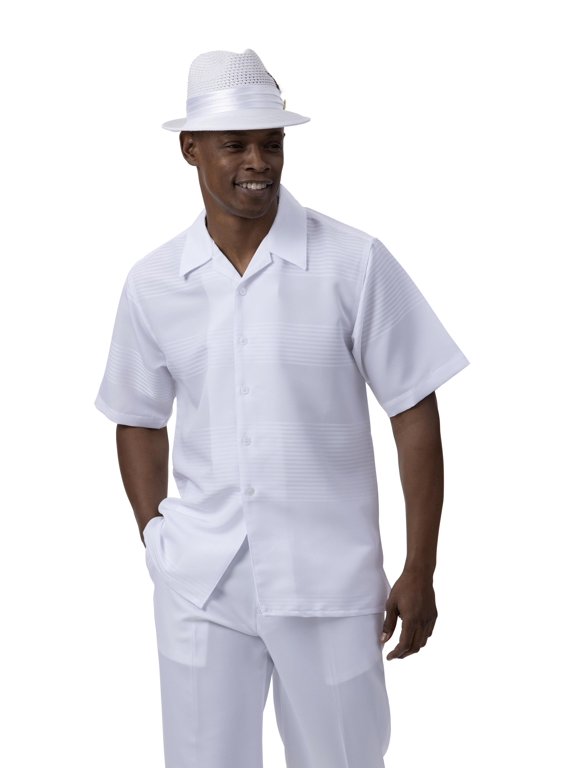 Men's 2 Piece Short Sleeve Walking Suit Tone on Tone Horizontal Stripe in White - 2022