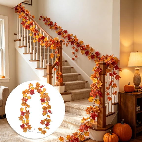 Faux Maple Leaf Garland, Long Hanging Autumn Vine Decor, Realistic Fall Foliage Accent For Wall Door Fireplace Stair Rail Window Porch Thanksgiving Halloween Seasonal Display