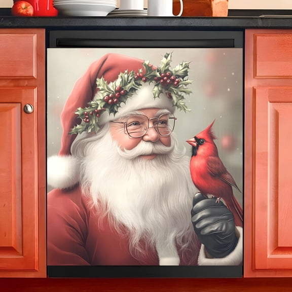 Ryvnso Vintage Santa Claus with Cardinal Dishwasher Magnetic Refrigerator Magnet Cover Kitchen Home Decorative 23"x26"