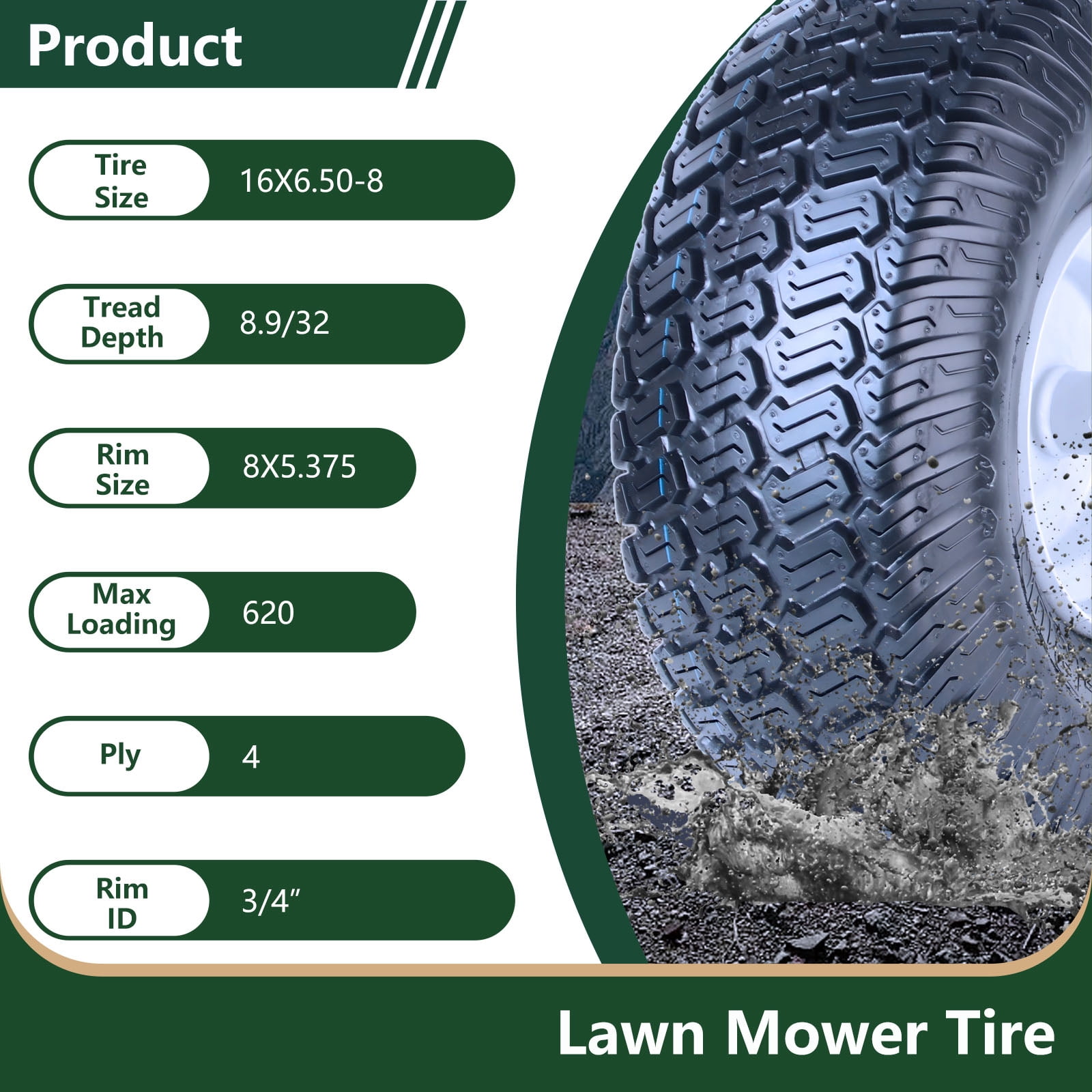 Hi-Run SU05 16X6.50-8 4PR Heavy Duty Tubeless Lawn and Garden Tire Assembly with 3/4" Bushing