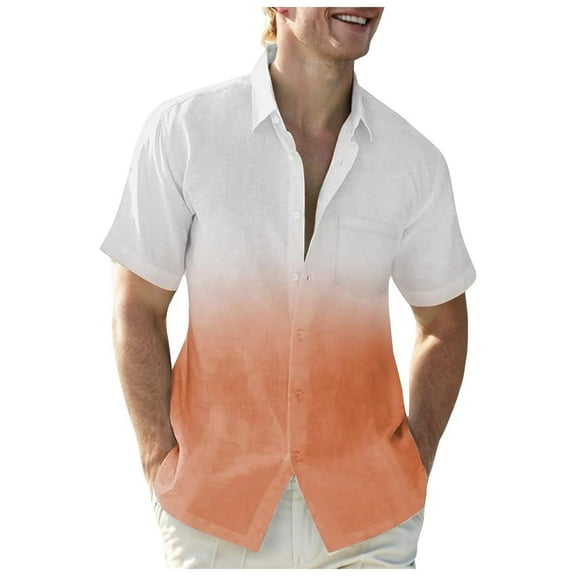 WREESH Men's Beach Button Down Shirts Short Sleeve Turndown Collar Breathable Shirts with Pockets Orange