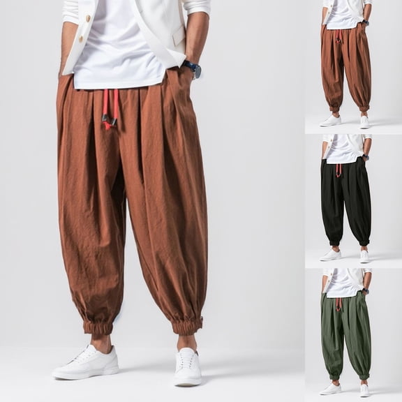ASFGIMUJ Men's Harem Pants Loose Fit Drop Crotch Trousers Baggy Hippie Yoga Pants Cotton Linen Style Beach Casual Wide Leg Pants Bloomers Aladdin Pants Bohemian