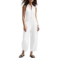 thumbnail image 2 of Cotton Jumpsuits for Women Round Neck Button Sleeveless Summer Rompers Casual Fashionable Solid Color Loose Wide Leg Jumpsuit with Pockets, 2 of 5