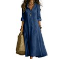 thumbnail image 2 of Womens Boho Dresses Rolled Up Long Sleeve Ruffle V Neck Floral Dresses Casual Loose Vacation Maxi Dresses, S, 2 of 4