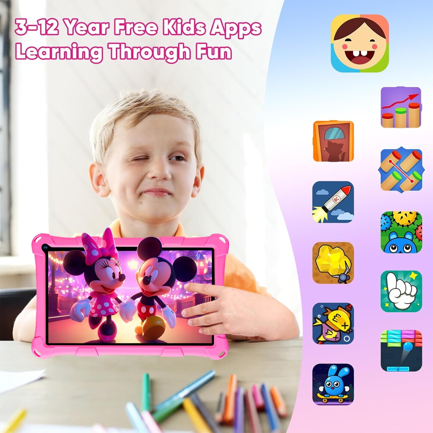 Thunrlge Kids Tablet, 7-Inch Kids Tablet, Android Tablet, 3+5 RAM 64GB ROM (TF CARD 256GB) Google Certified, Kids Software Pre-Installed, WiFi, Shockproof Case, Gift for kids, (Pink)