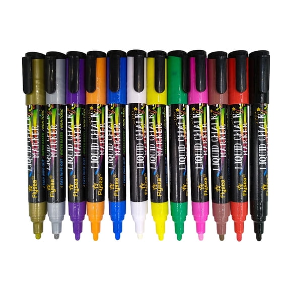 Chalk Pens - Set of 12 Liquid Pen Chalkboard Markers for Blackboards, Signs, &