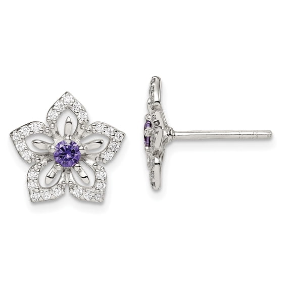 Primal Silver Sterling Silver Purple and Clear Cubic Zirconia Flower Post Earrings
