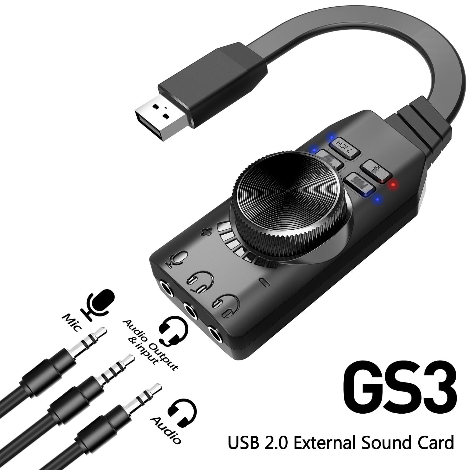 GS3 USB 2.0 External Sound Card Virtual 7.1 Channel Sound Card Adapter Plug and Play with Headphone Microphone Jacks Volume Control Mute Mic Games Sound Effect Upgrade Version for Desktop Laptop PC