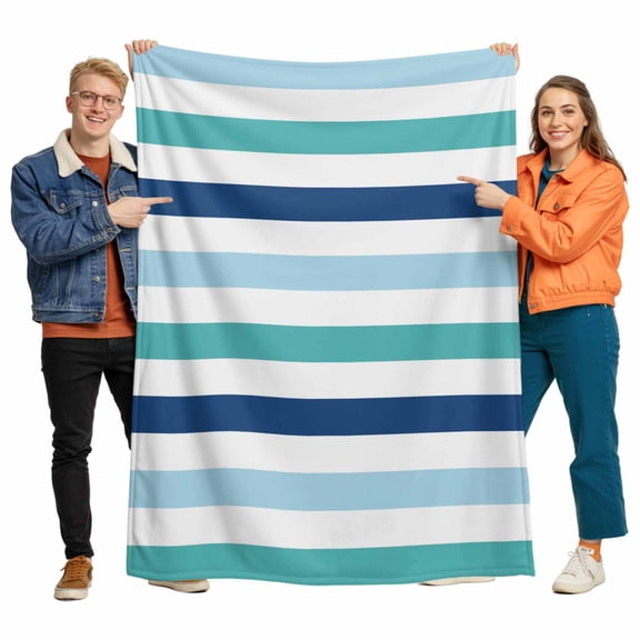 Flannel Fleece Throw Blankets Navy Blue Teal Gradient Throws Blankets, White Stripe Line Lightweight Soft Warm Blanket for Couch Sofa Bed Living Room All Season Use, 40x60in